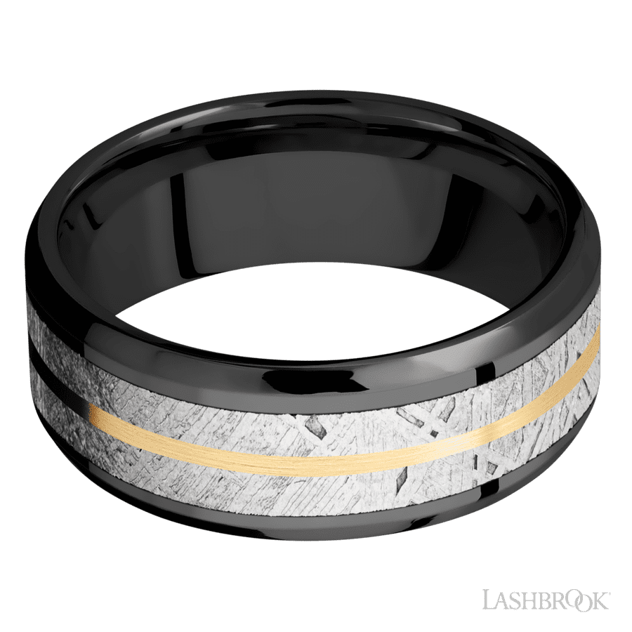 8 mm wide Beveled Zirconium band featuring inlays of Meteorite and 14K Yellow Gold