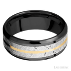 8 mm wide Beveled Zirconium band featuring inlays of Meteorite and 14K Yellow Gold