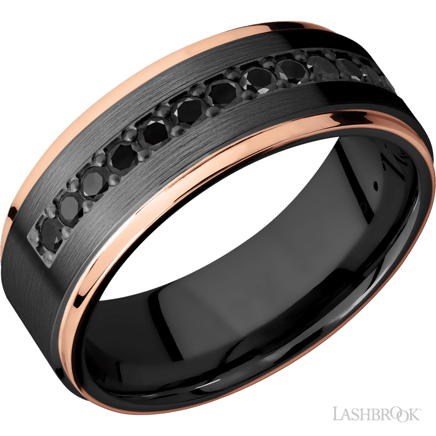 8 mm wide Flat Grooved Edges Zirconium band w/ Black Diamond Accent
