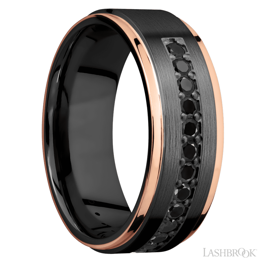 8 mm wide Flat Grooved Edges Zirconium band w/ Black Diamond Accent
