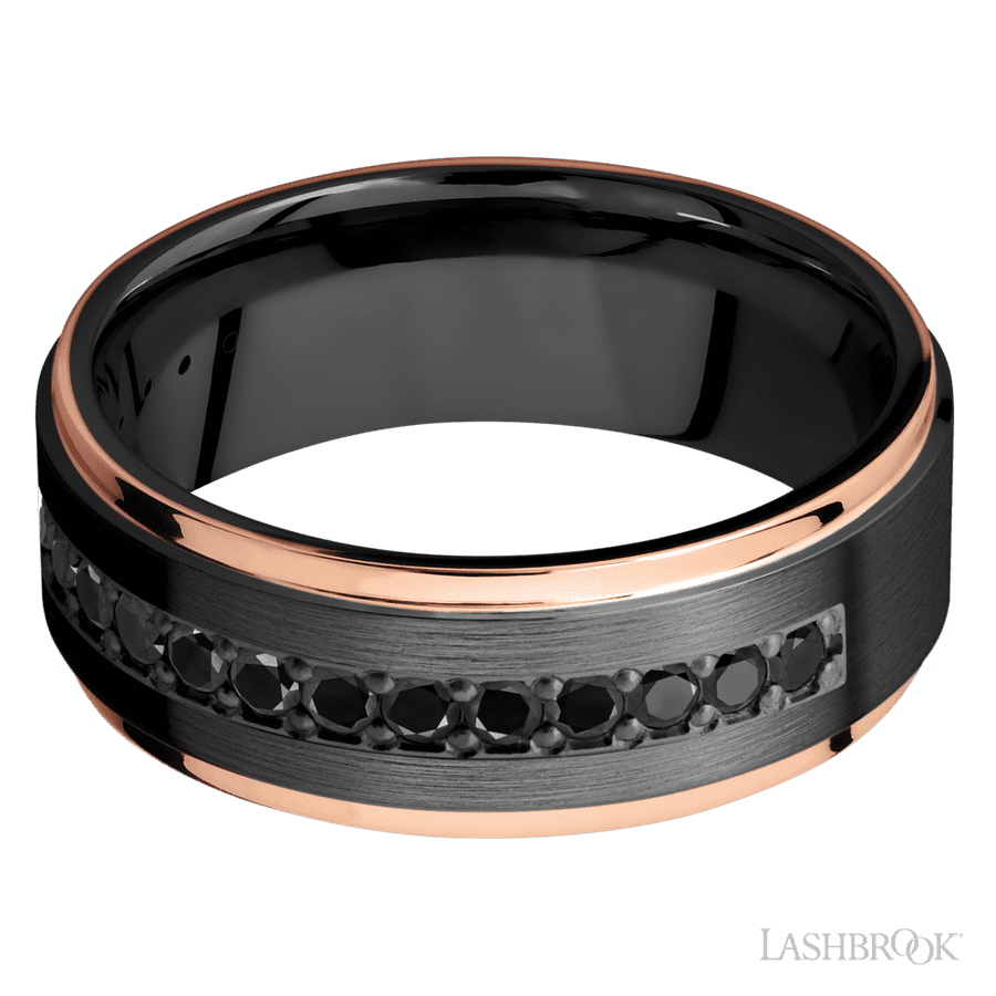 8 mm wide Flat Grooved Edges Zirconium band w/ Black Diamond Accent