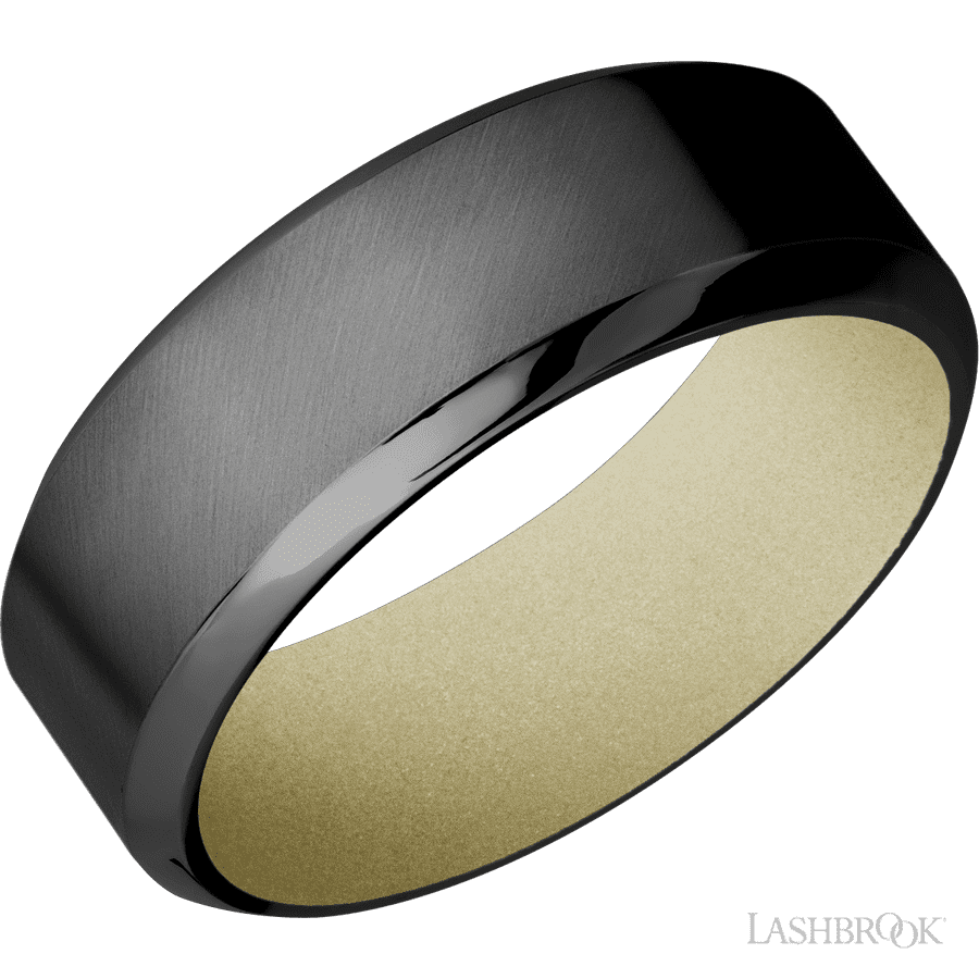 8 mm wide High Bevel Zirconium band featuring a Bright Nickel sleeve