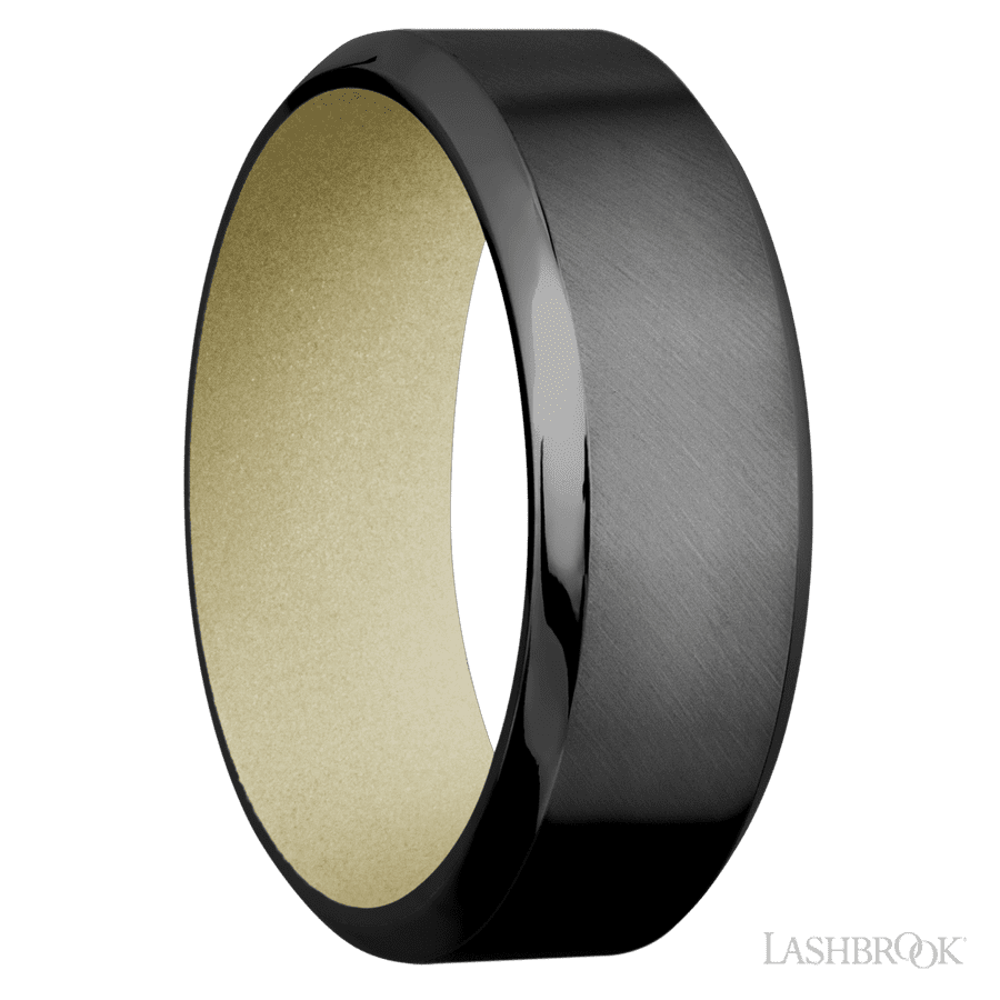 8 mm wide High Bevel Zirconium band featuring a Bright Nickel sleeve