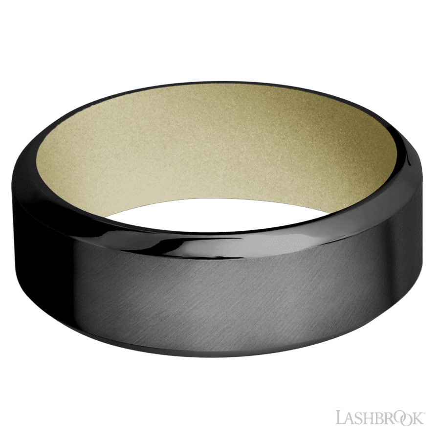 8 mm wide High Bevel Zirconium band featuring a Bright Nickel sleeve