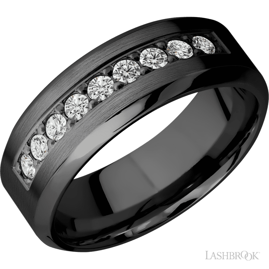 8 mm wide High Bevel Zirconium band w/ Diamond Accent