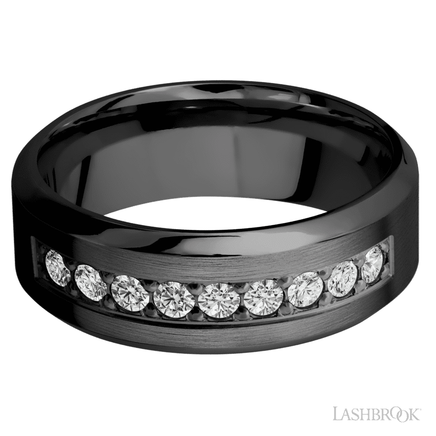 8 mm wide High Bevel Zirconium band w/ Diamond Accent
