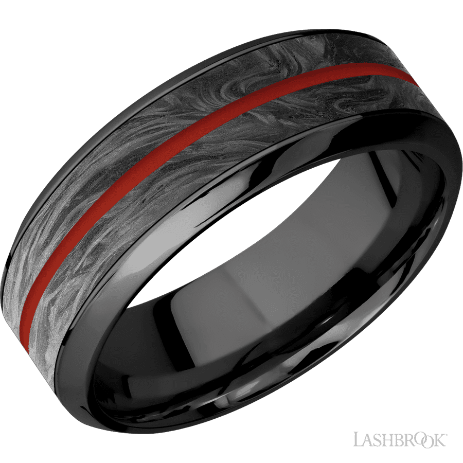 8 mm wide High Bevel Zirconium band featuring inlays of Forged Carbon Fiber and Red Apple