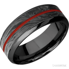 8 mm wide High Bevel Zirconium band featuring inlays of Forged Carbon Fiber and Red Apple