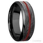 8 mm wide High Bevel Zirconium band featuring inlays of Forged Carbon Fiber and Red Apple
