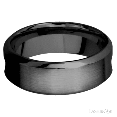 8 mm wide High Bevel Zirconium band featuring inlays of Forged Carbon Fiber and Red Apple