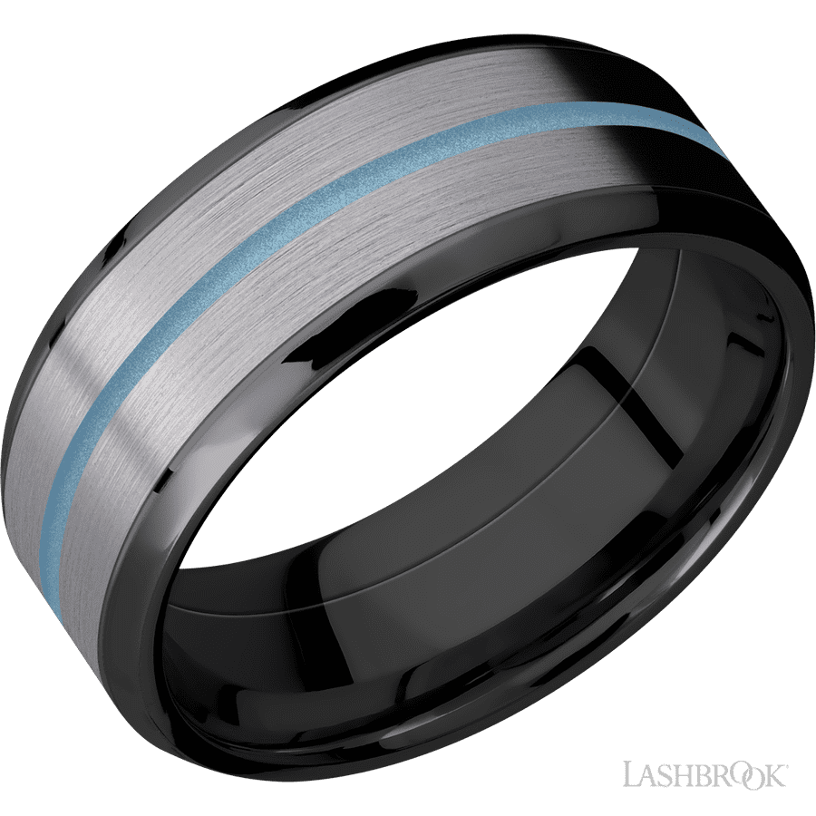 8 mm wide Beveled Zirconium band featuring inlays of Tantalum and Polar Blue