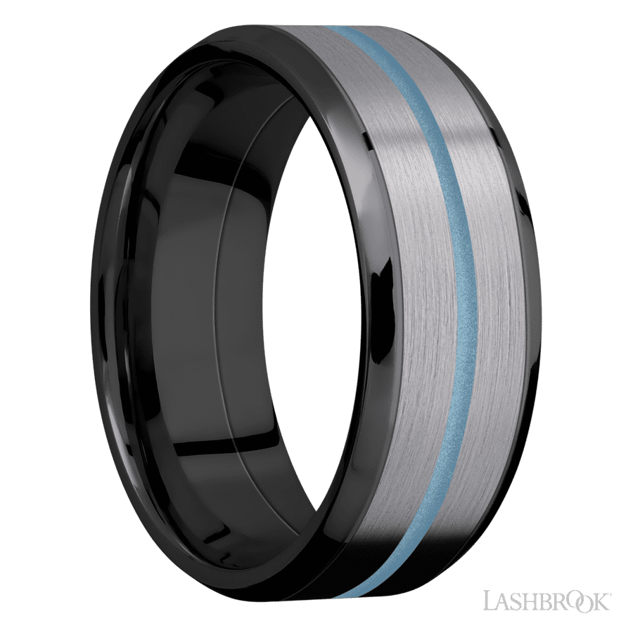 8 mm wide Beveled Zirconium band featuring inlays of Tantalum and Polar Blue