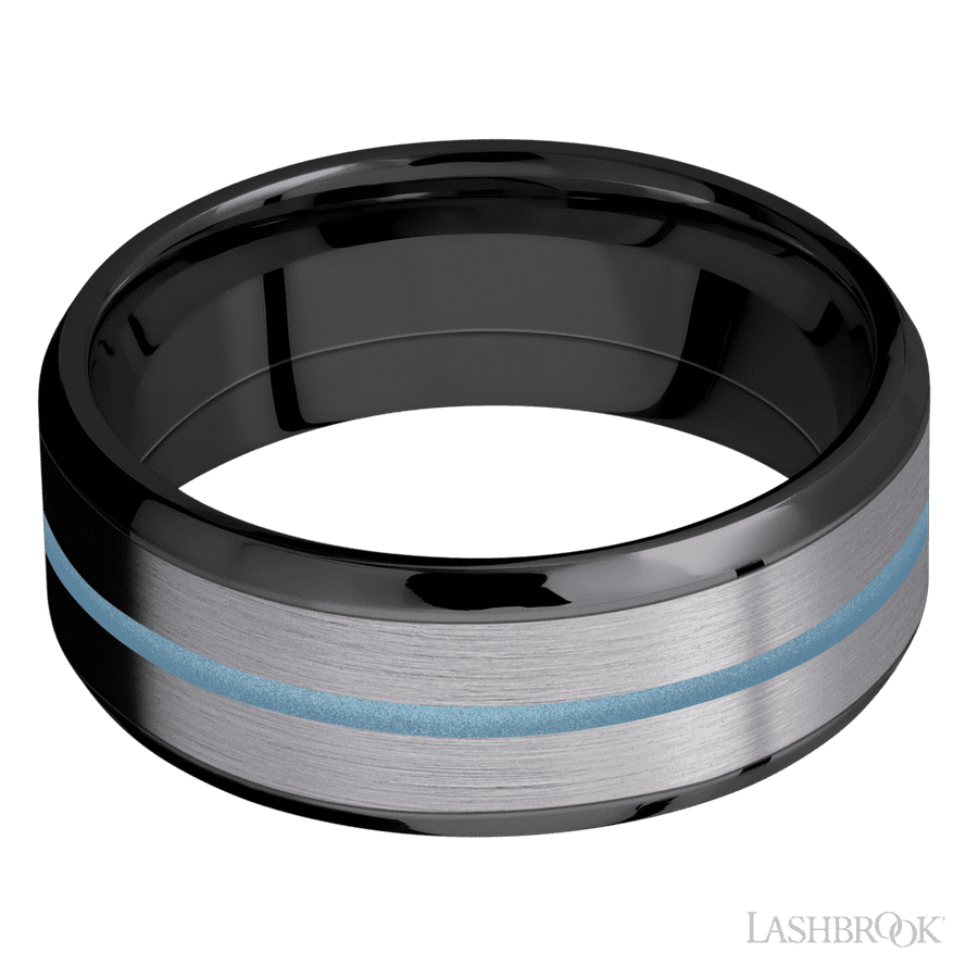 8 mm wide Beveled Zirconium band featuring inlays of Tantalum and Polar Blue