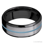8 mm wide Beveled Zirconium band featuring inlays of Tantalum and Polar Blue