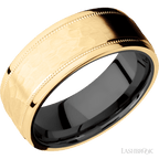 8 mm wide Flat Stepped Edges Milgrain 14K Yellow Gold band featuring a Zirconium sleeve