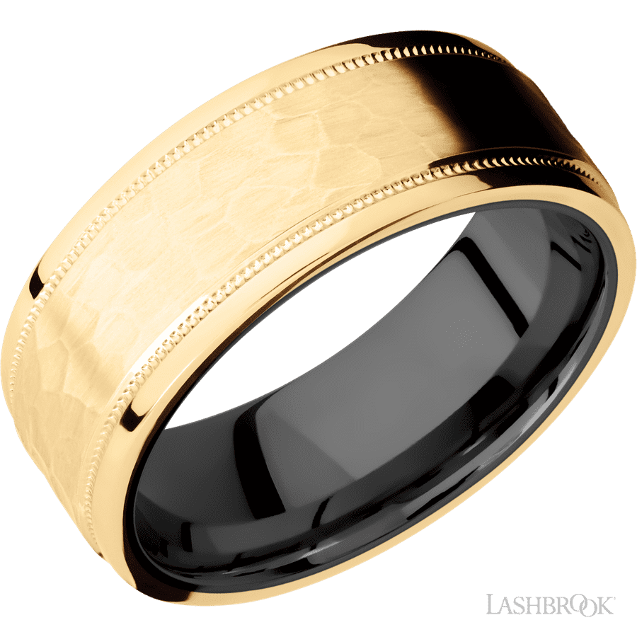 8 mm wide Flat Stepped Edges Milgrain 14K Yellow Gold band featuring a Zirconium sleeve