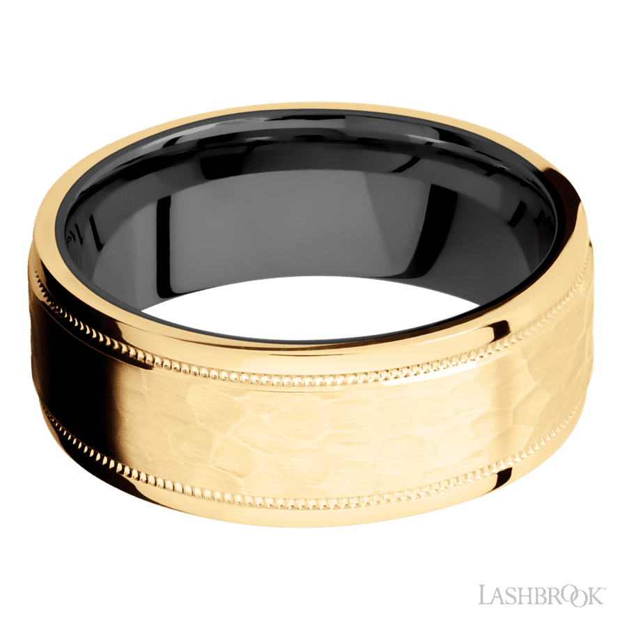 8 mm wide Flat Stepped Edges Milgrain 14K Yellow Gold band featuring a Zirconium sleeve