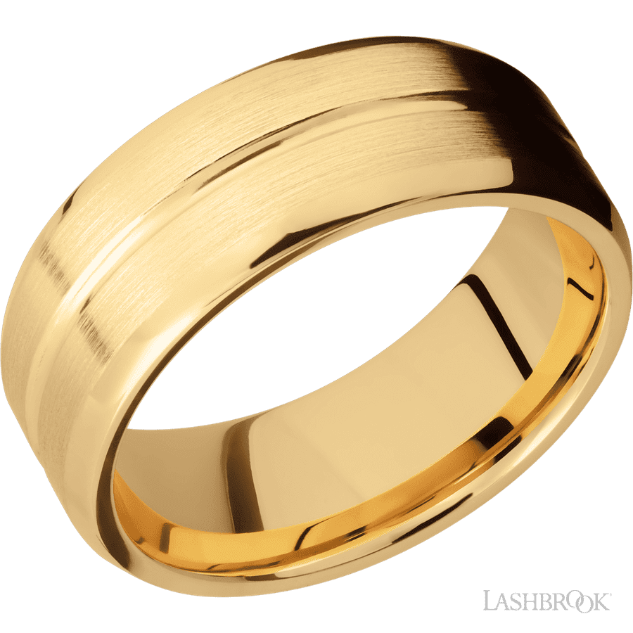 8 mm wide Beveled with Center Accent Groove 14K Yellow Gold band