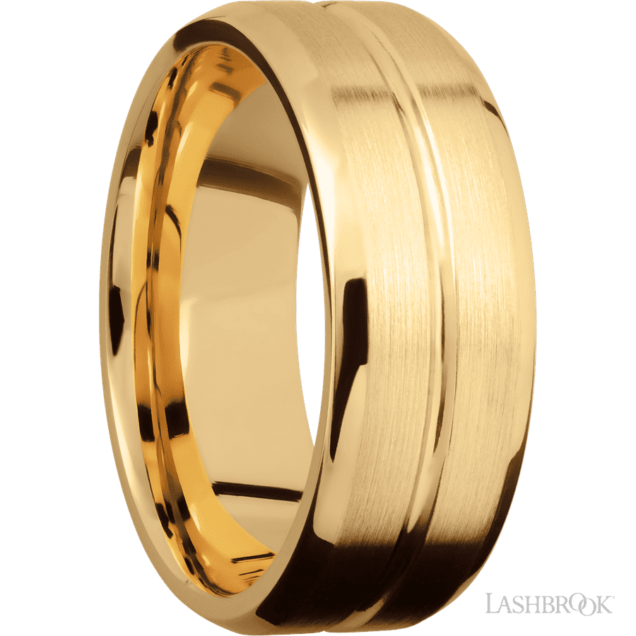 8 mm wide Beveled with Center Accent Groove 14K Yellow Gold band