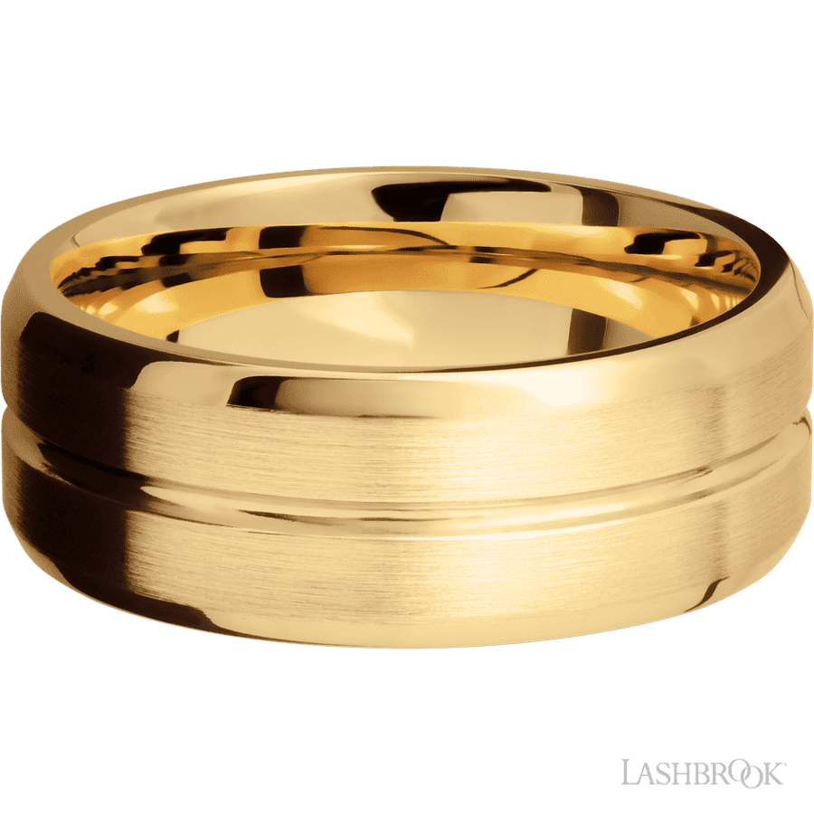 8 mm wide Beveled with Center Accent Groove 14K Yellow Gold band