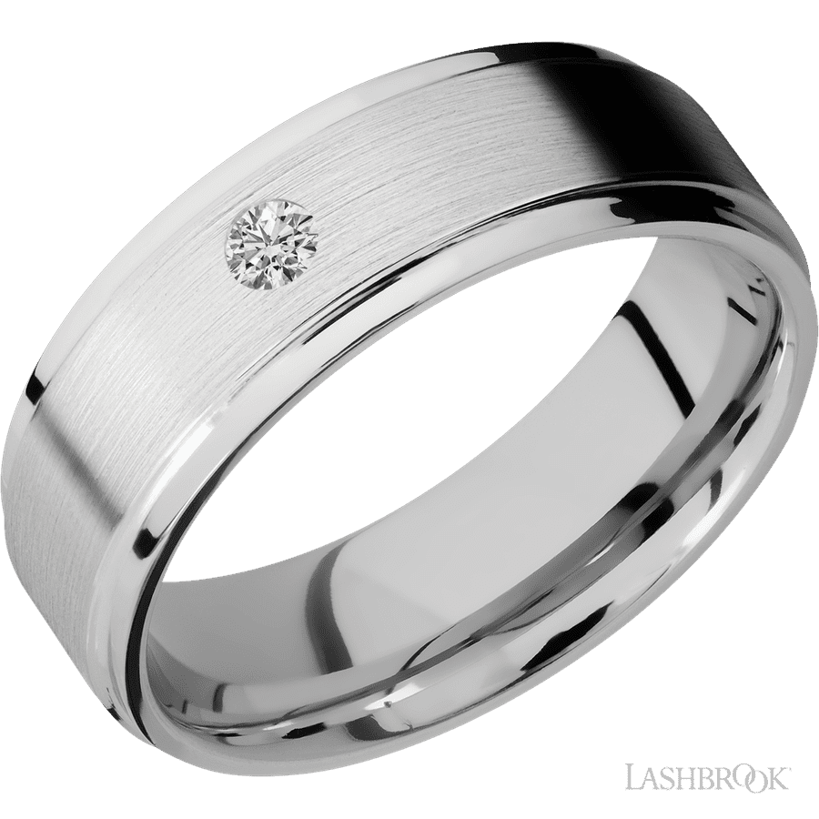 7 mm wide Flat Grooved Edges 14K White Gold band w/ Diamond Accent
