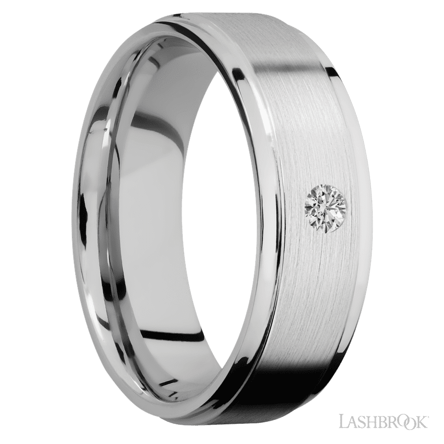 7 mm wide Flat Grooved Edges 14K White Gold band w/ Diamond Accent