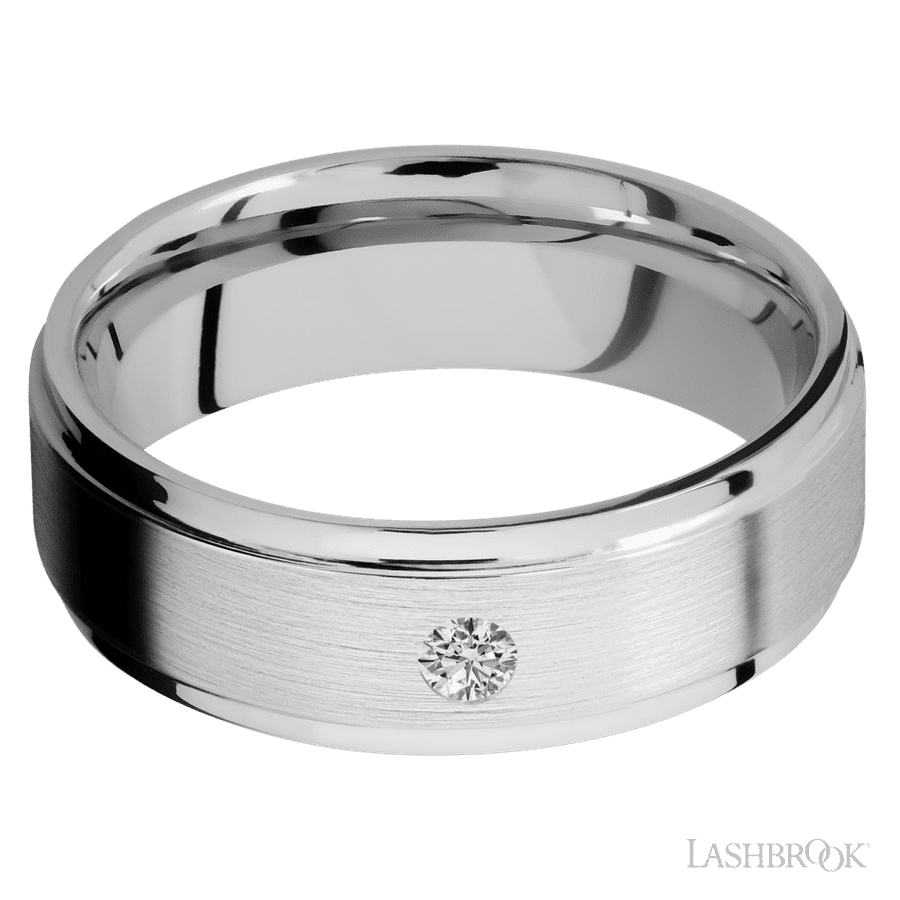 7 mm wide Flat Grooved Edges 14K White Gold band w/ Diamond Accent