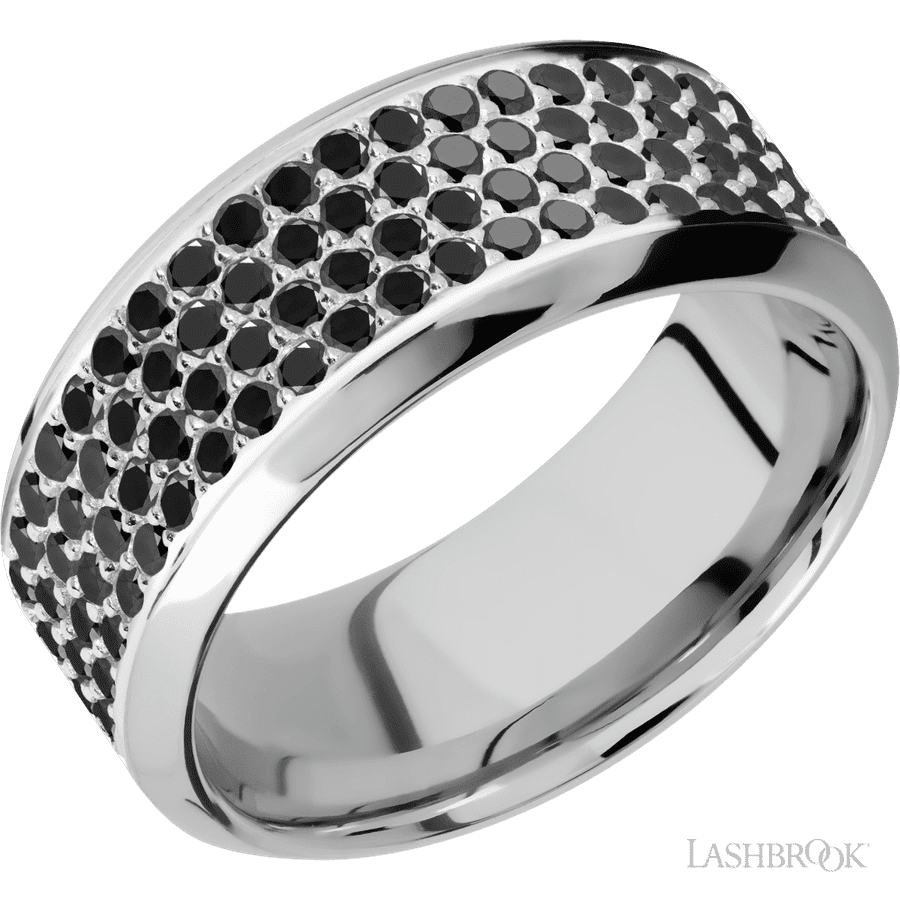 9 mm wide High Bevel 14K White Gold band w/ Black Diamond Accent