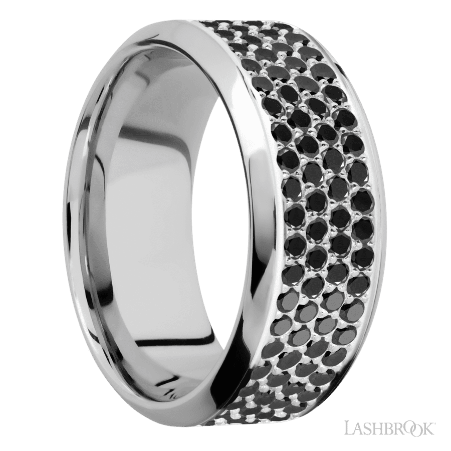 9 mm wide High Bevel 14K White Gold band w/ Black Diamond Accent