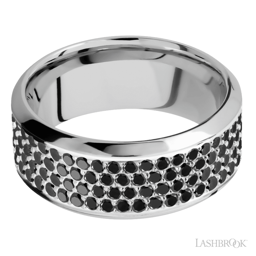 9 mm wide High Bevel 14K White Gold band w/ Black Diamond Accent