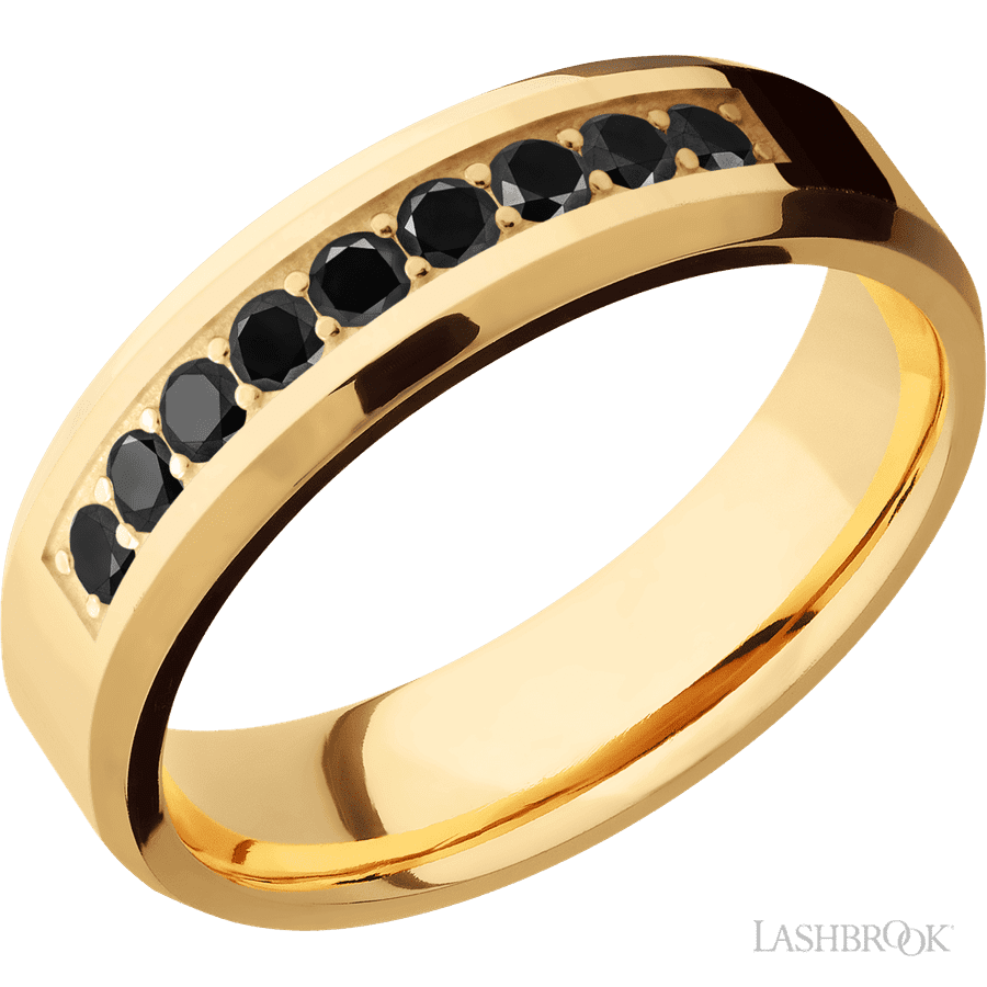 6 mm wide Beveled 14K Yellow Gold band w/ Black Diamond Accent