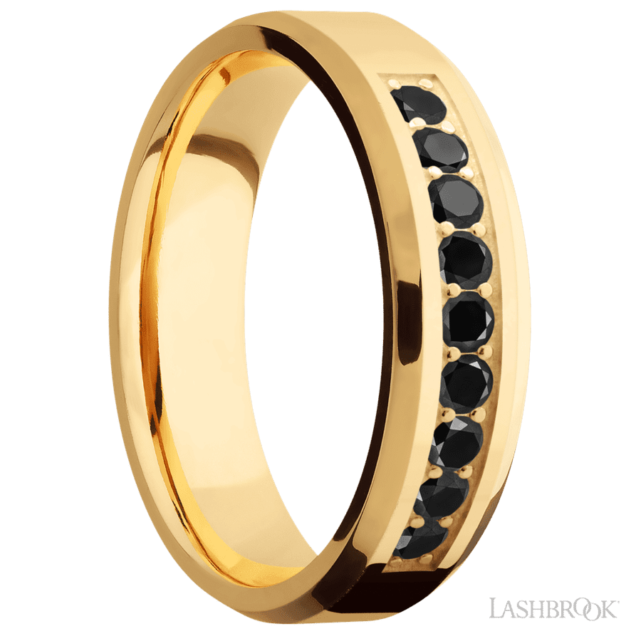 6 mm wide Beveled 14K Yellow Gold band w/ Black Diamond Accent