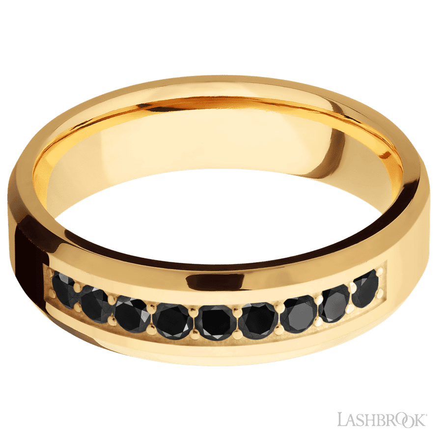6 mm wide Beveled 14K Yellow Gold band w/ Black Diamond Accent