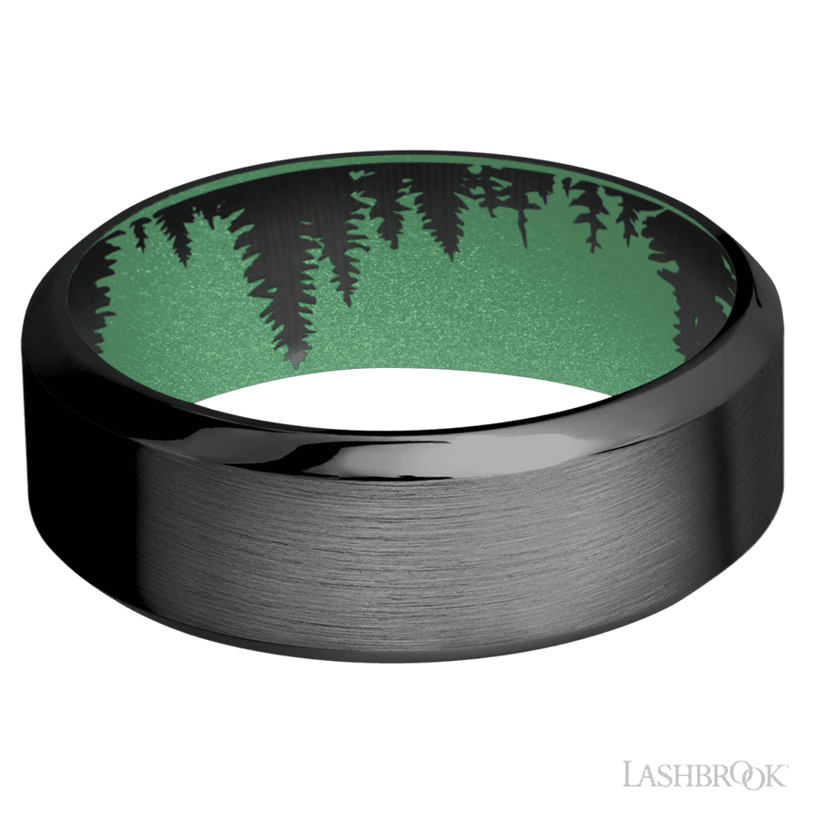 8 mm wide High Bevel Zirconium band featuring a Squatch sleeve