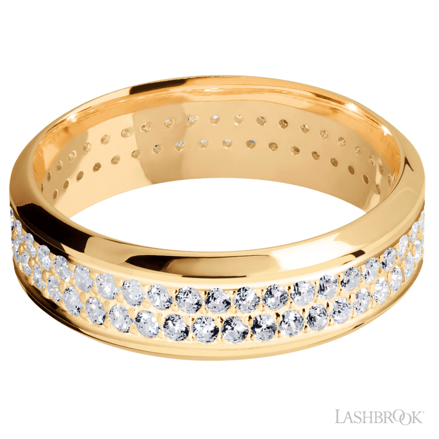 7 mm wide High Bevel 14K Yellow Gold band w/ Diamond Accent
