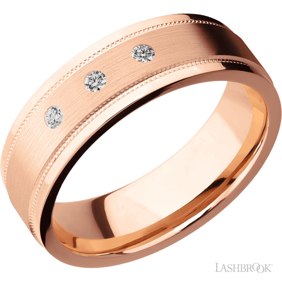 7 mm wide Flat Stepped Edges Milgrain 14K Rose Gold band w/ Diamond Accent