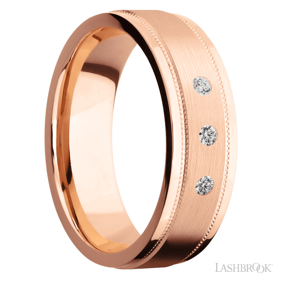 7 mm wide Flat Stepped Edges Milgrain 14K Rose Gold band w/ Diamond Accent
