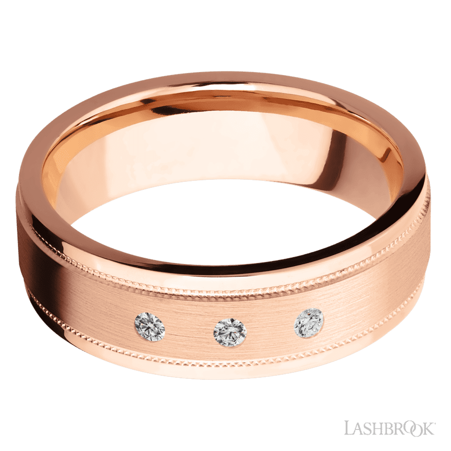 7 mm wide Flat Stepped Edges Milgrain 14K Rose Gold band w/ Diamond Accent