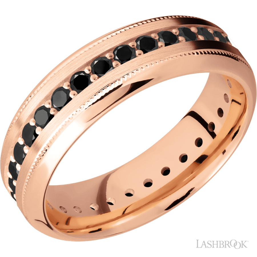 7 mm wide High Bevel Milgrain 14K Rose Gold band w/ Black Diamond Accent