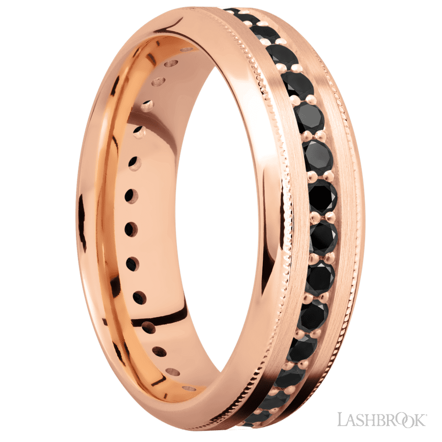 7 mm wide High Bevel Milgrain 14K Rose Gold band w/ Black Diamond Accent
