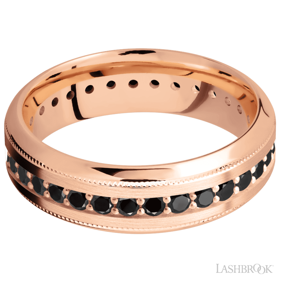 7 mm wide High Bevel Milgrain 14K Rose Gold band w/ Black Diamond Accent
