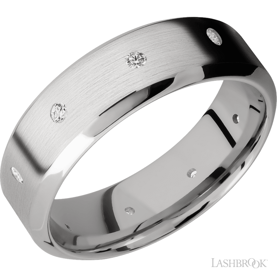 7 mm wide High Bevel 14K White Gold band w/ Diamond Accent