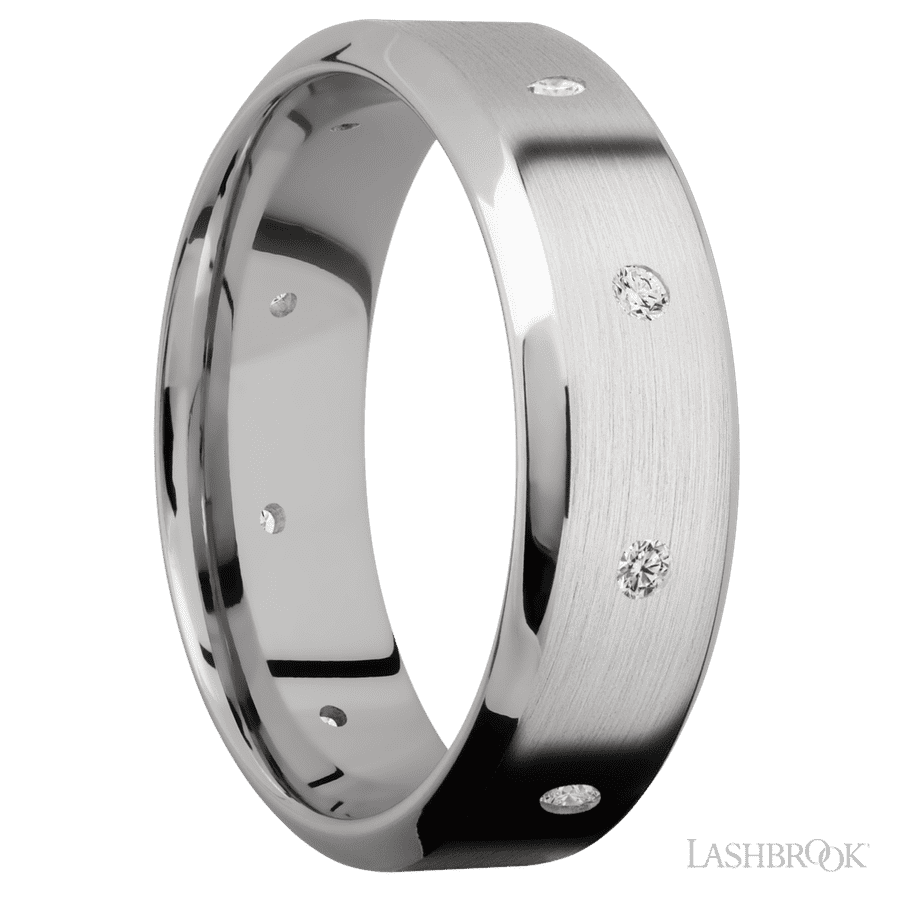 7 mm wide High Bevel 14K White Gold band w/ Diamond Accent