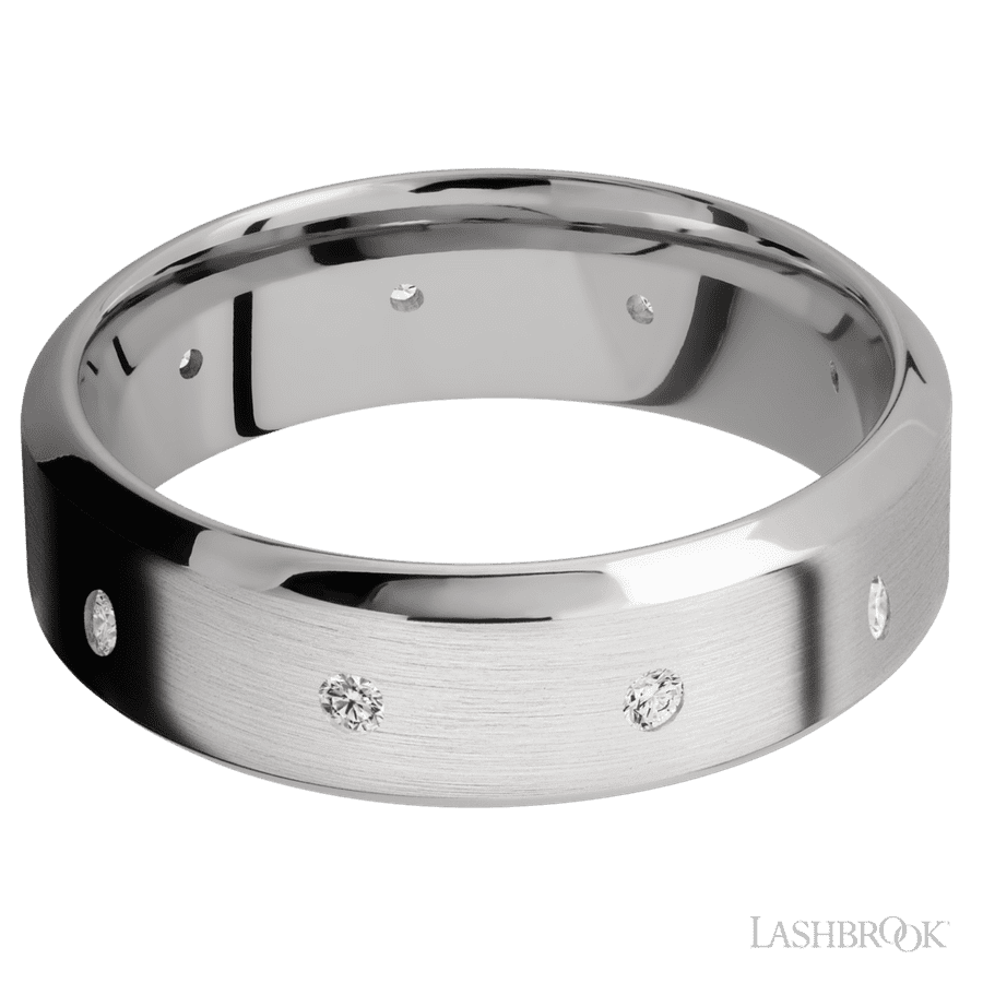 7 mm wide High Bevel 14K White Gold band w/ Diamond Accent