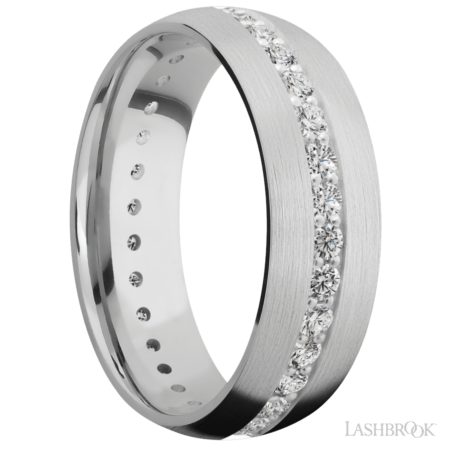 7 mm wide Domed 14K White Gold band w/ Diamond Accent