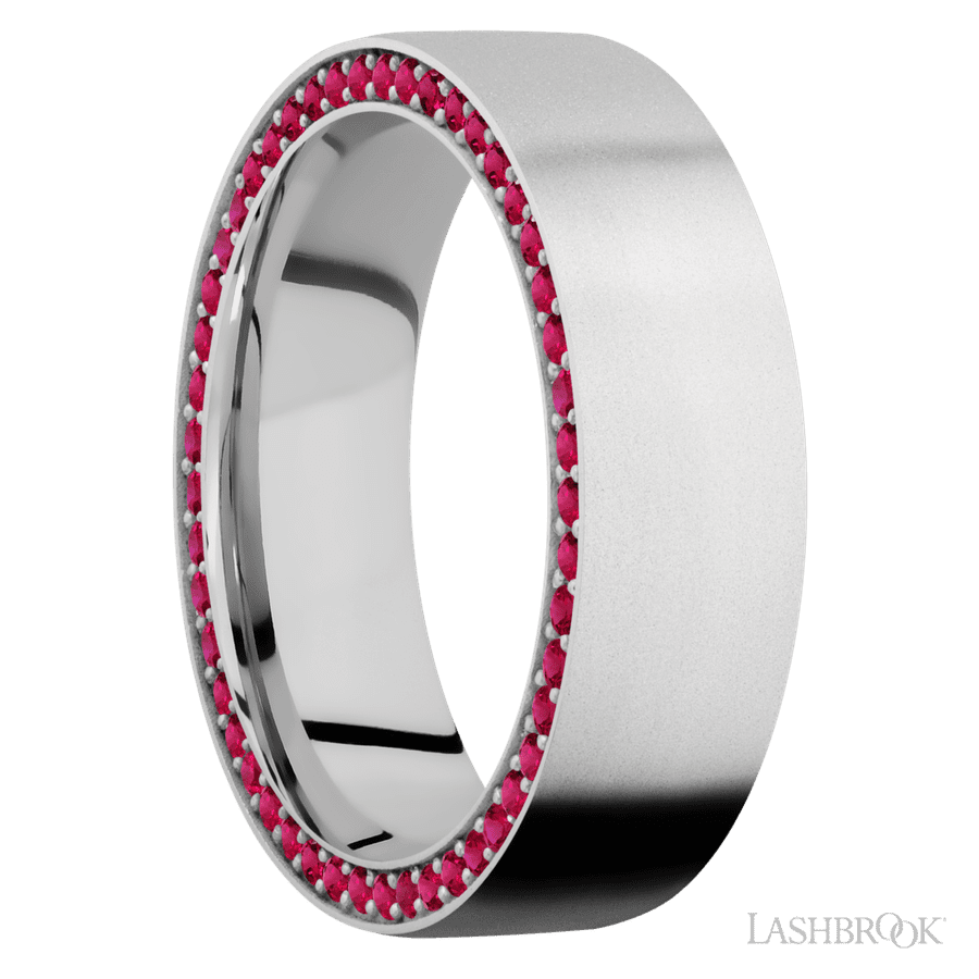 7 mm wide Flat 14K White Gold band w/ Ruby Accent