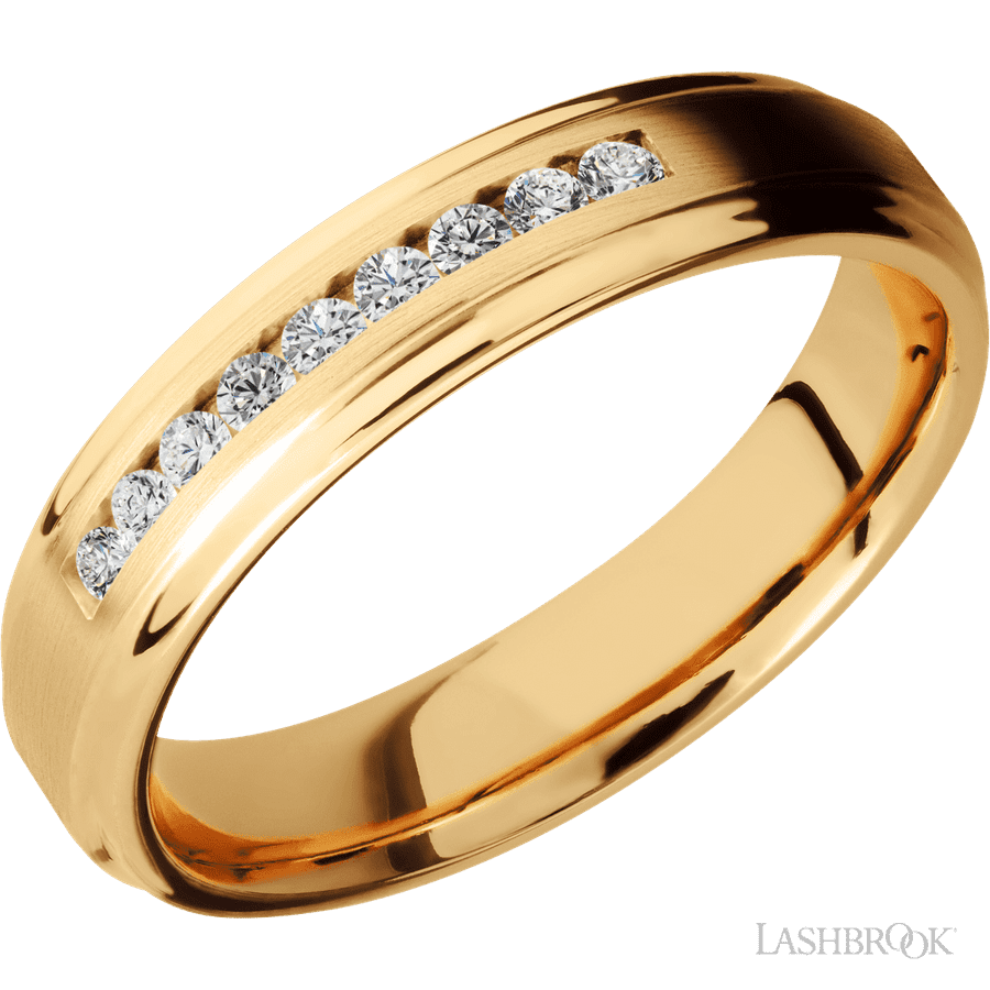 5 mm wide Flat Grooved Edges 14K Yellow Gold band w/ Diamond Accent