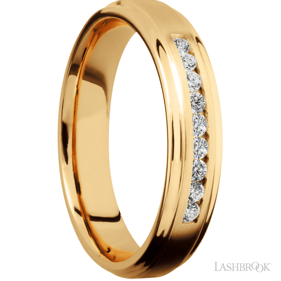 5 mm wide Flat Grooved Edges 14K Yellow Gold band w/ Diamond Accent