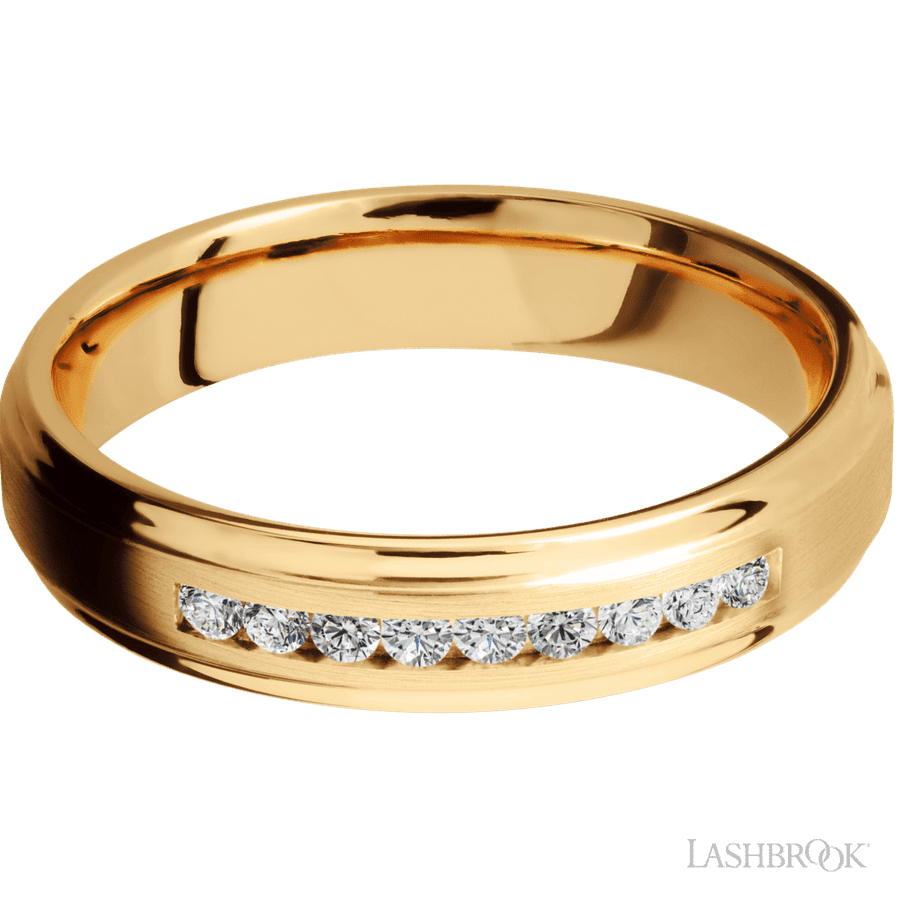 5 mm wide Flat Grooved Edges 14K Yellow Gold band w/ Diamond Accent