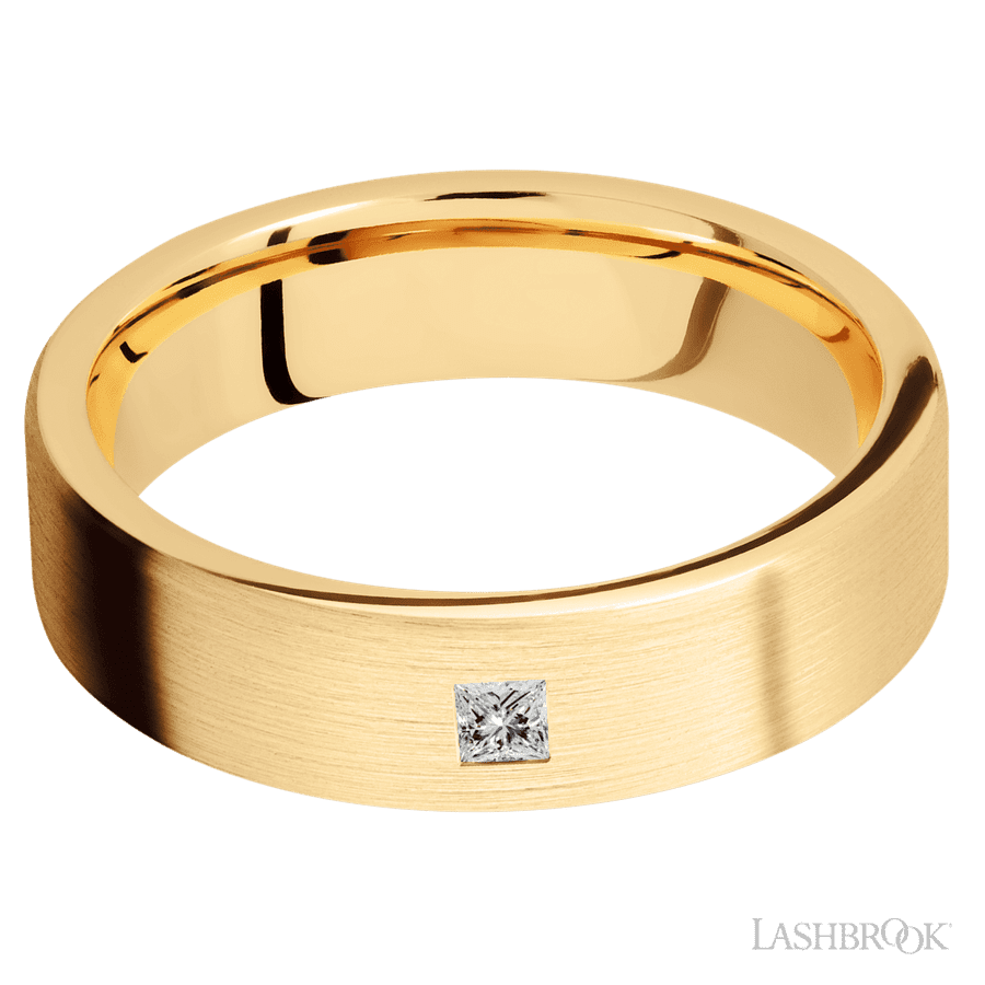 6 mm wide Flat 14K Yellow Gold band w/ Diamond Accent